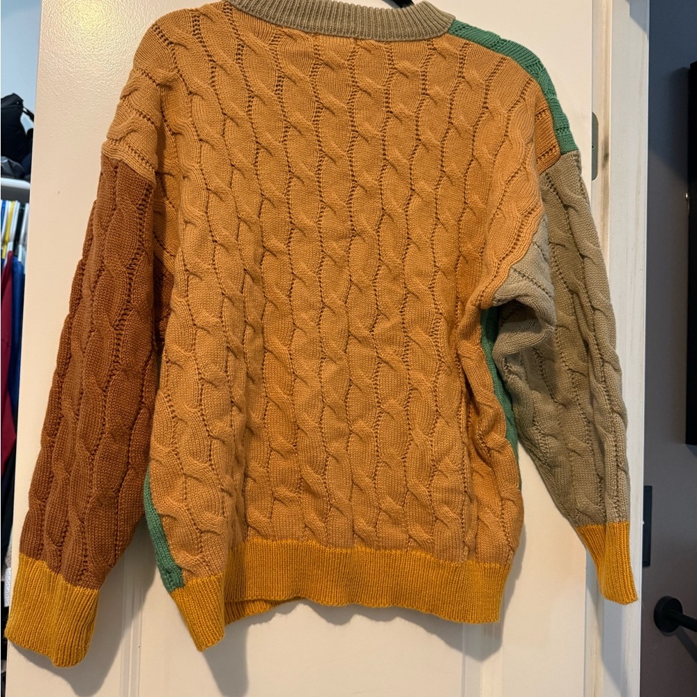 Easel M Cable Knit Color Block Sweater Neutral Green Brown - Picture 2 of 3